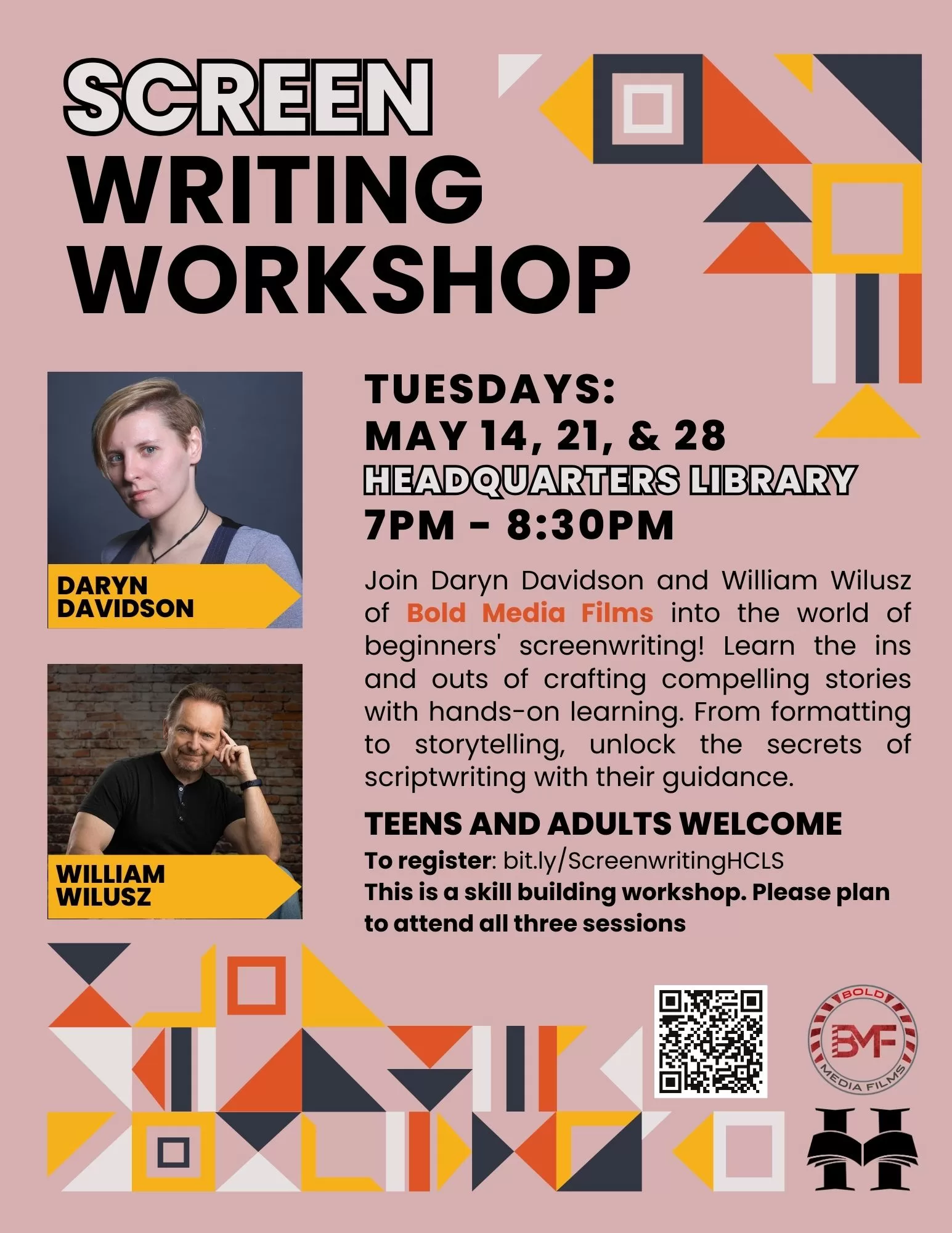 Flyer for screenwriting workshop at the Hunterdon County Library Headquarters branch.